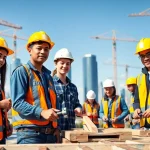 Young trainees engaged in a construction apprenticeship on-site using tools and wearing safety gear.