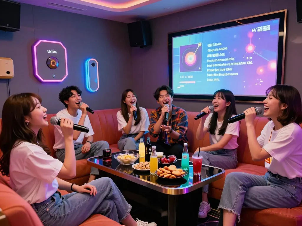 활기찬 파티 분위기를 자랑하는 개인실에서 친구들과 함께 3no.org/bupyeong에서 노래방을 즐기는 모습.
