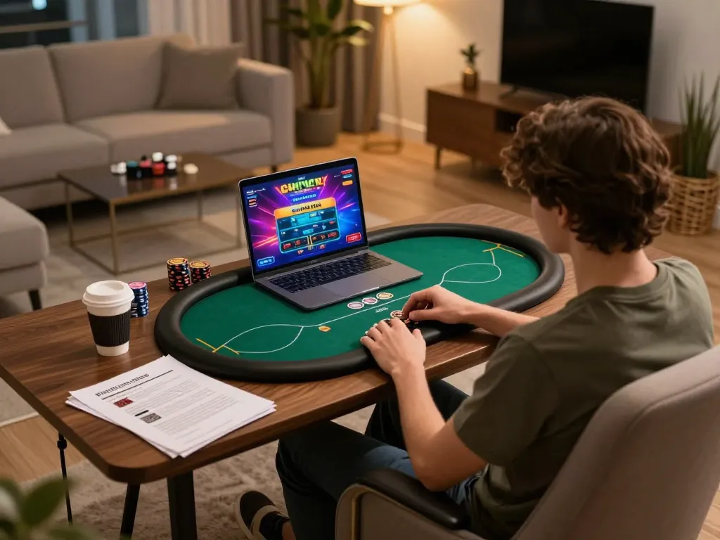 Manclub player engaged in intense online poker gameplay using laptop and strategies.