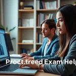 Students utilizing proctored exam help in a modern home office setup during online testing.