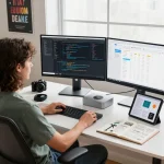 Developer using a Mac mini in a modern home office setup with dual monitors and natural light.