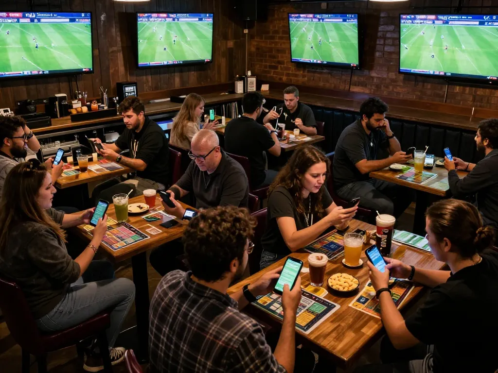 The excitement of placing bets on tỷ lệ bóng đá trực tuyến 7m cn in a lively sports bar during a live match.