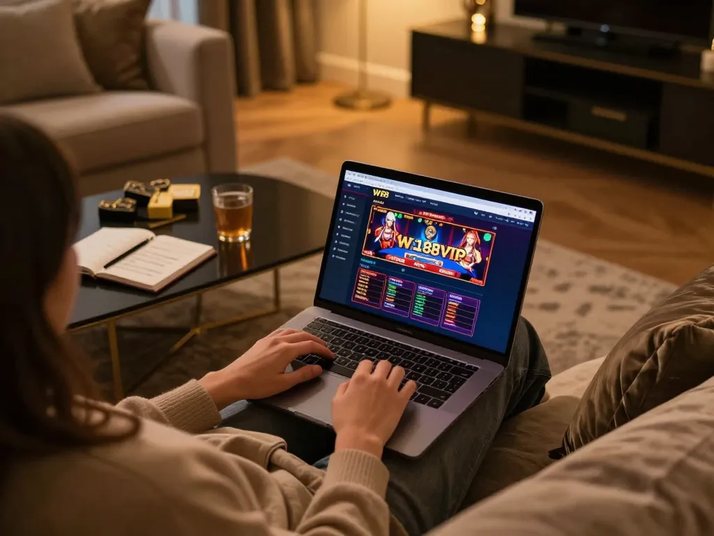 w188 vip online gaming experience with vibrant casino interface in a cozy setting