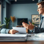 Broker discussing businesses for sale in a modern office environment.