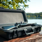 Secure a pelican rifle case while showcasing its rugged durability and design in nature.