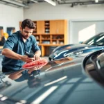 Professional car detailing with a detailer polishing a luxury vehicle in a bright garage.