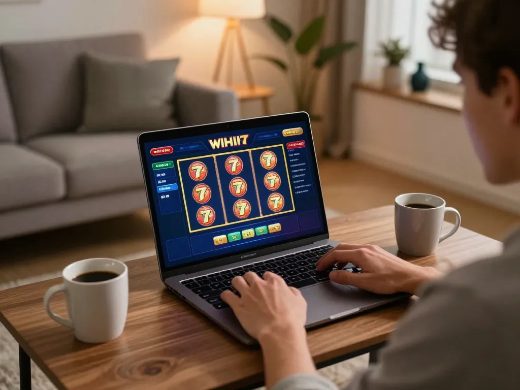 Engaging with the slot77 online casino interface in a cozy living room.