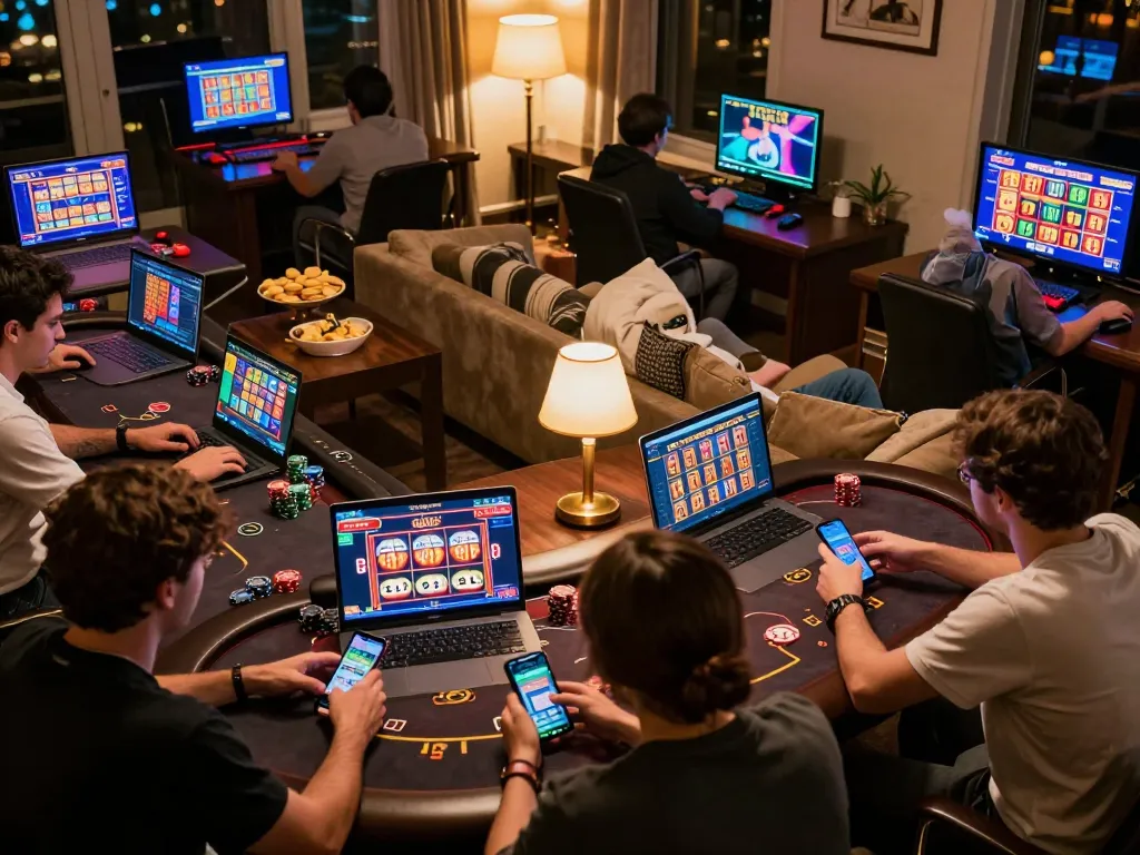 king33 players enjoying online gaming, strategizing in a cozy home setting with colorful screens and warm lighting