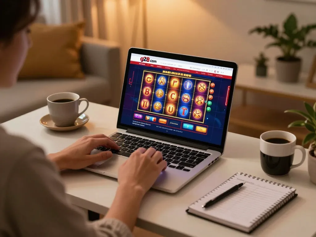 Engaging with g28 com online slots on a laptop in a cozy home setup with ambient lighting.