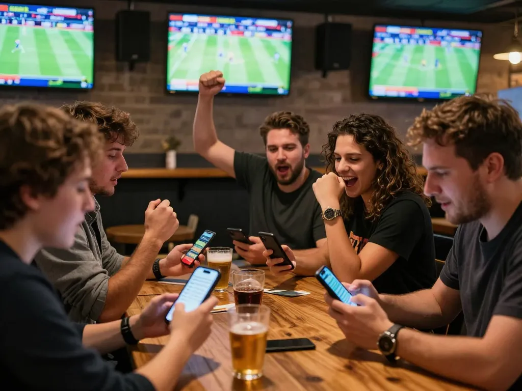 Engaged sports bettors utilizing apps for real-time updates on bong da lu, celebrating victories.