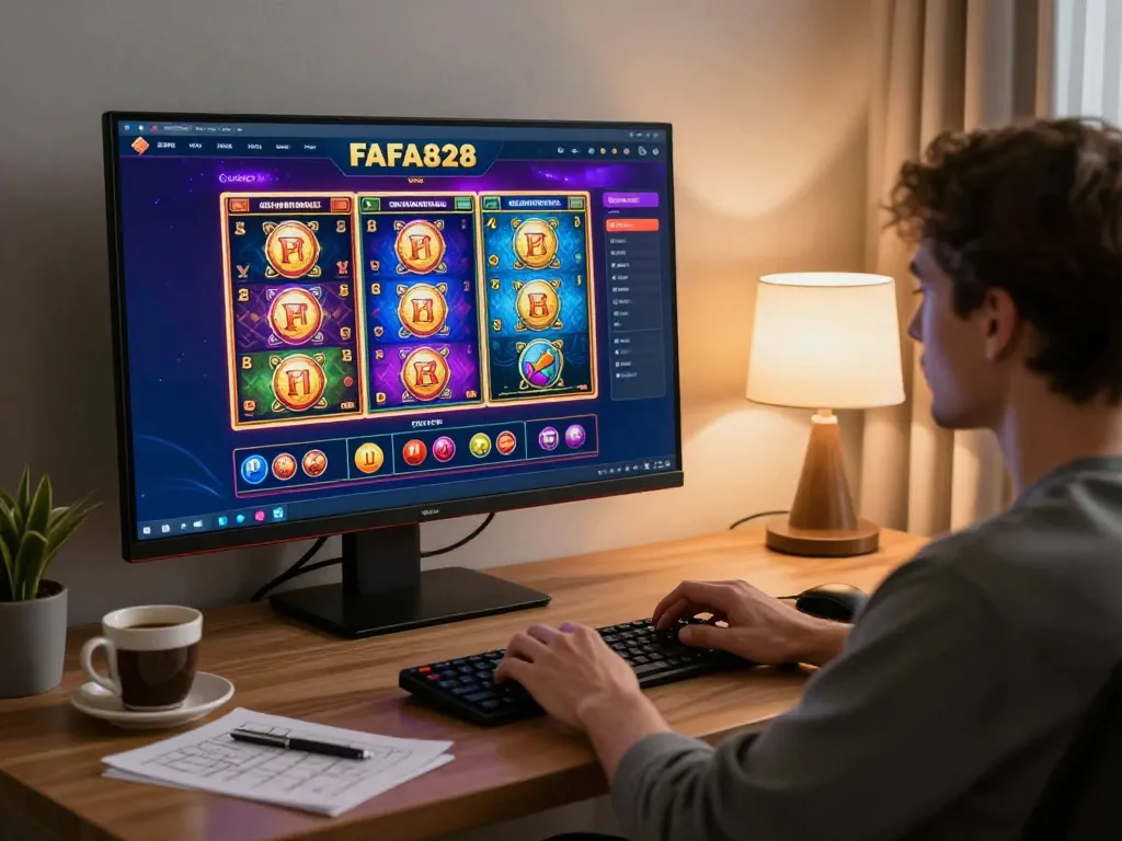 Player engaging with the FAFA828 online casino interface, showcasing vibrant slot games and cozy home ambiance.