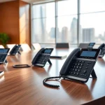 Showcasing business phone systems in a sleek office with modern design and professional setup.