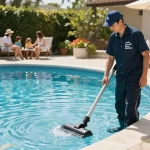 Dolphin Pool Services technician providing expert maintenance on a beautiful pool.