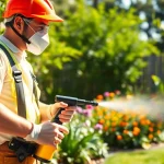 Residential insect exterminator spraying eco-friendly solution in a sunny garden.