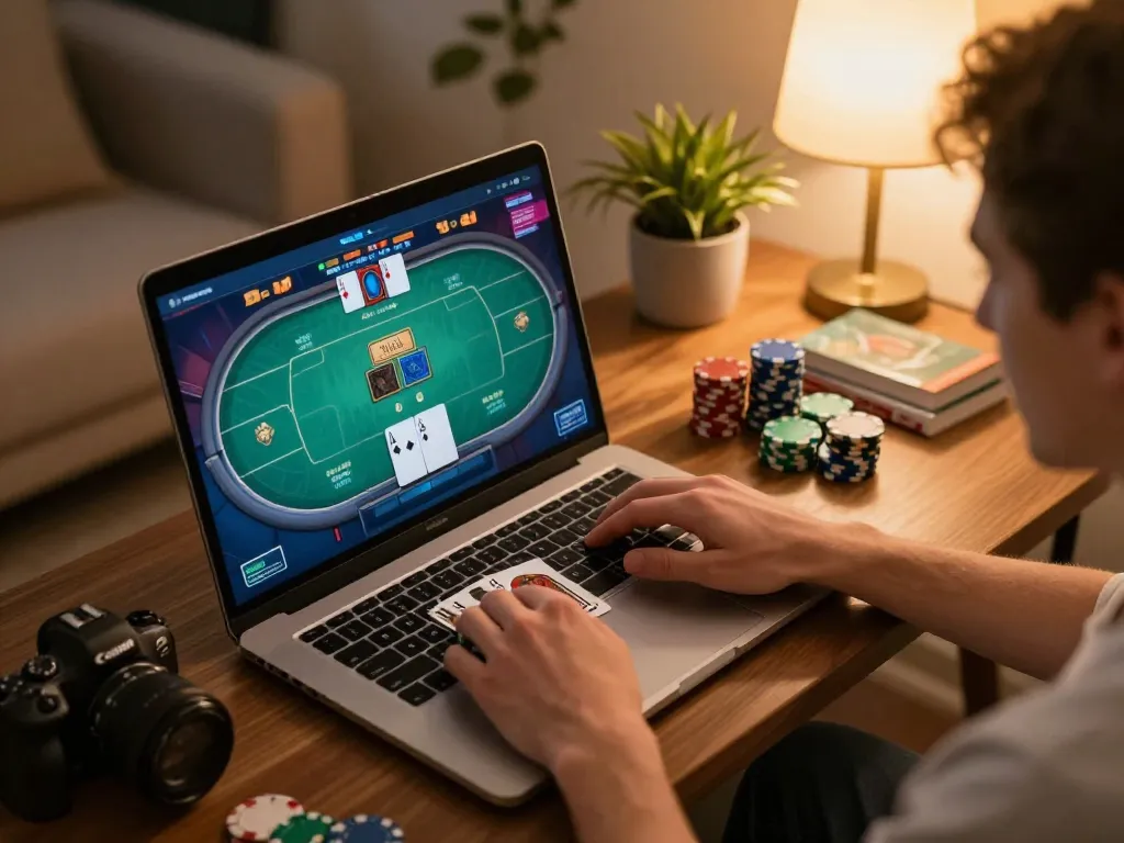 Playing poker online at home with 79 king, engaging in strategic gameplay over a cozy evening.