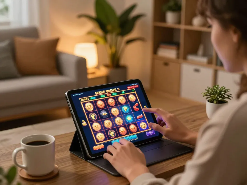 Experience luck8 online slots gameplay in a cozy home setting with vibrant visuals.