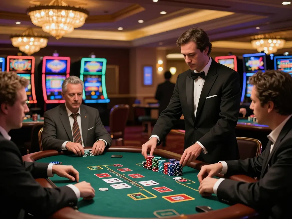 Players strategizing at 678vip's elegant blackjack table in a vibrant casino atmosphere.