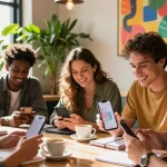 Group of friends discussing engaging Instagram comments in a lively café setting