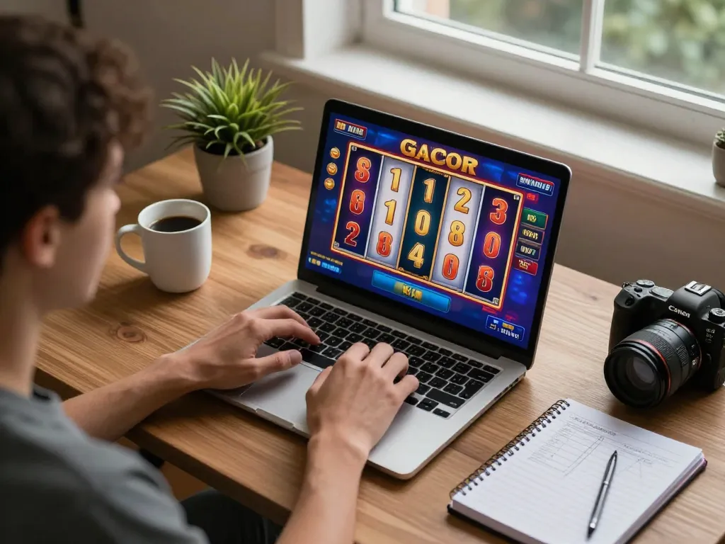 Engaged player celebrates a slot gacor win while gaming online from home.