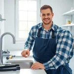 Plumbers bristol professional fixing a sink in a bright, modern kitchen.