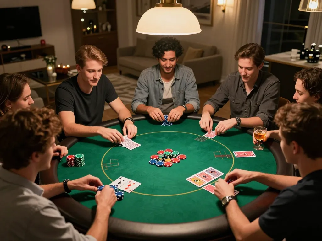 Friends enjoying a poker night at home, showcasing mm88pc excitement and camaraderie in a friendly atmosphere