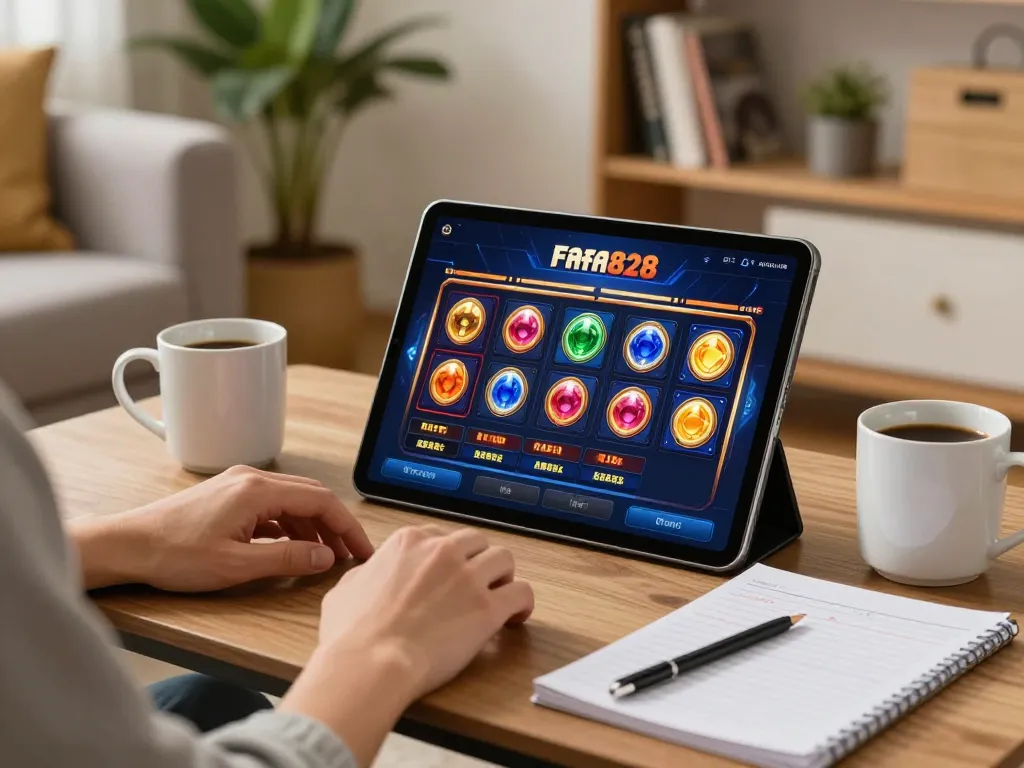 คนที่เพลิดเพลินกับเกมสล็อต FAFA828 บนแท็บเล็ตในบรรยากาศบ้านที่อบอุ่น