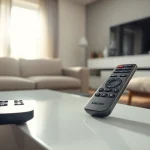 Samsung SolarCell remote replacement auf einem eleganten Couchtisch in einem modernen Wohnzimmer.