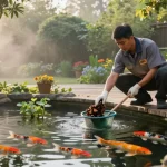 Professional Pond Cleaning Kent with a pond cleaner maintaining a koi pond surrounded by green foliage, showcasing quality service.