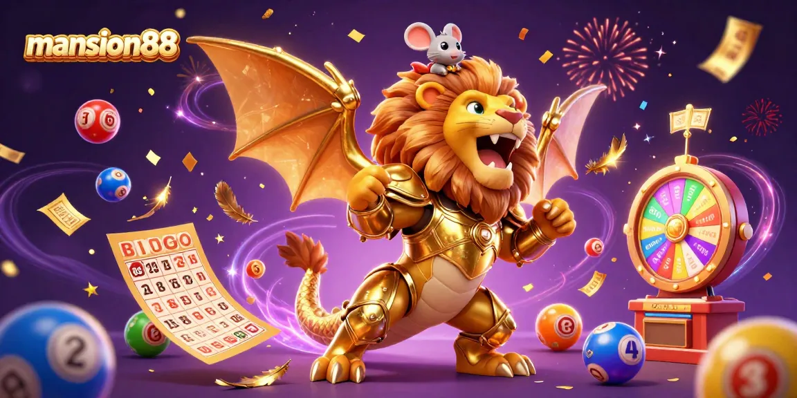 Win big at mansion88 with a dynamic 3D illustration of a chimera, playful lottery elements, and celebratory effects.