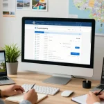 Travel agency software displayed on computer, travel advisor assisting client with itineraries.