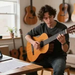 Engaging instructor demonstrating classical guitar lessons online in a cozy home studio.