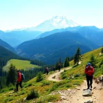 Hikers on the Goechala trek with stunning views of Mt. Kanchenjunga and lush landscapes.