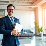 New Hampshire Immigration Lawyer confidently presenting legal services in a professional office.