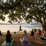Retreat venue Sri Lanka overlooking Koggala Lake with serene yoga class and nature.