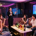 강남가라오케의 고급스러운 사적 공간에서 친구들과 함께 즐거운 노래와 음료를 경험하는 모습