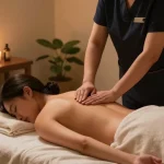 부산마사지 세션 중 편안한 마사지 테이블에서 아로마 오일을 사용하여 전문가가 제공하는 마사지 모습