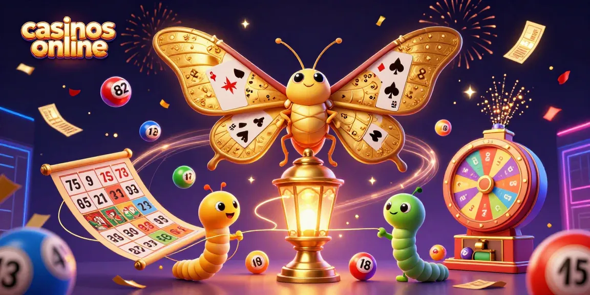 Vista de los casinos online donde un polilla atlas dorada vuela entre premios y juegos de azar.