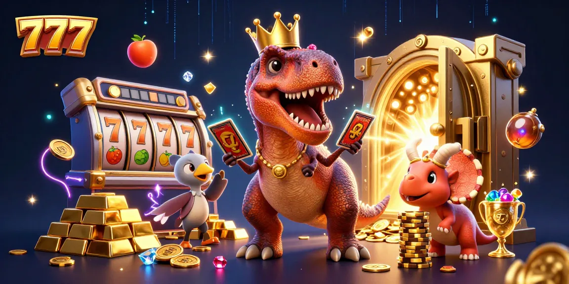 Engage in exciting gameplay at 777 with T-Rex and friends shuffling cards among golden treasures.
