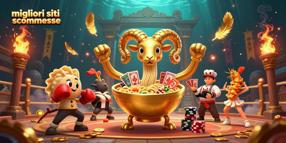 Migliori siti scommesse: scene dinamiche con un enorme ramen d'oro che distribuisce carte e gettoni, coinvolgendo nel gioco altri personaggi divertenti.