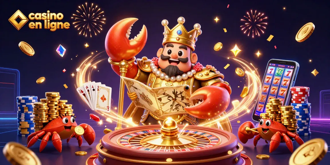 Casino en ligne, illustration de jeux animés avec un crabe en or et des éléments de jeu dynamiques.