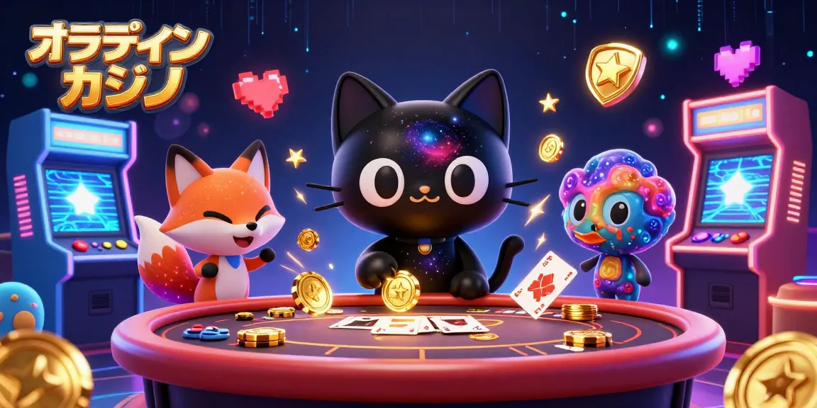 オンラインカジノでスロットを楽しむ猫のイラスト、カラフルなゲーム機が周囲に散りばめられています。