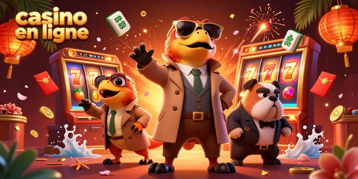 Jouez dans un casino en ligne avec des machines à sous scintillantes et des raptors déguisés s'amusant dans la scène.
