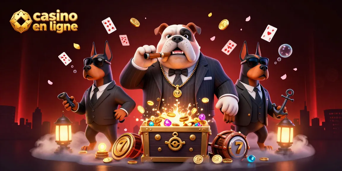 Jouez au casino en ligne avec notre bulldog mafieux et ses gardes du corps Doberman dans un décor riche et dynamique.