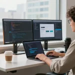 Experience 纸飞机下载 in a modern tech workspace with dual monitors and coding tools.