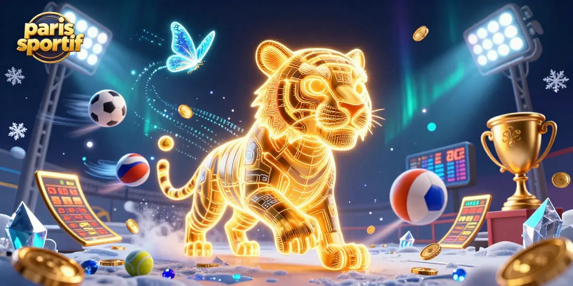 Pari sportif animant un paysage de casino numérique avec un tigre lumineux et des éléments sportifs.