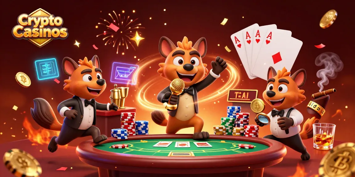 Les crypto casinos prennent vie avec des hyènes dans une scène de casino animée, alliant humour et jeux de poker.