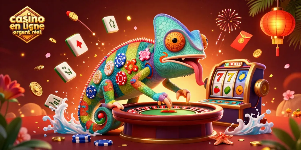 Célébrez l'excitation du casino en ligne argent réel avec une image dynamique d'un caméléon propriétaire de casino, entouré de jeux colorés.