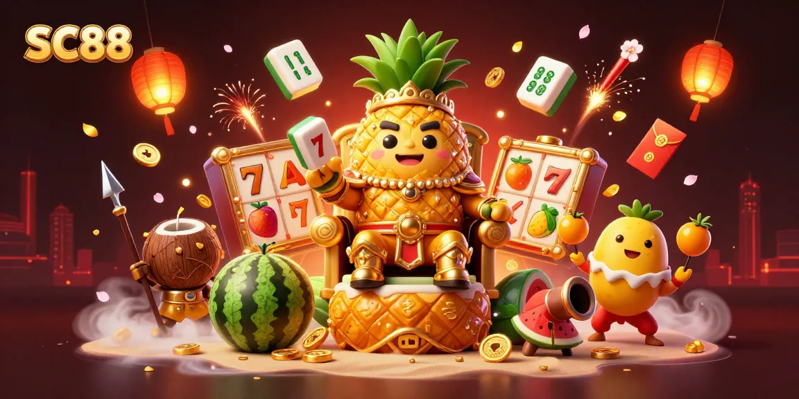 Experience the excitement of SC88 in a vibrant casino-themed illustration with dynamic slot elements.