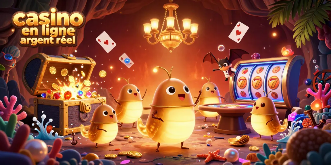 Découvrez une scène dynamique captivante de casino en ligne argent réel avec des vers luisants et un croupier chauve-souris.