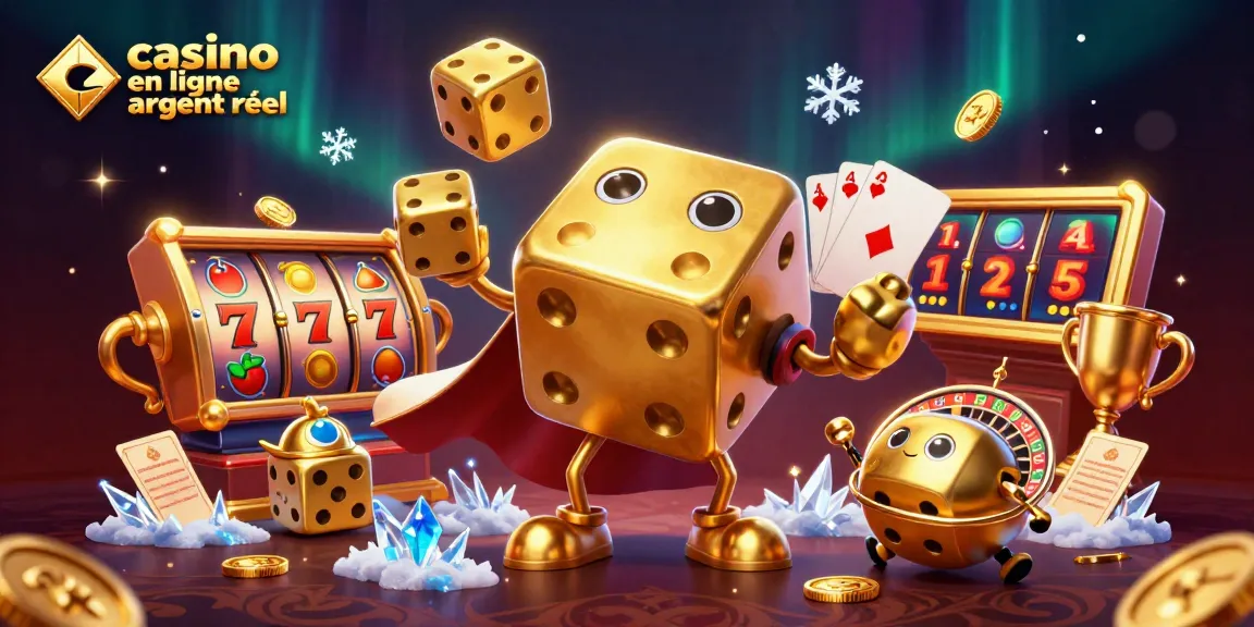 Jouez à des jeux captivants dans un casino en ligne argent réel, avec des dés dorés et des symboles de jackpot.